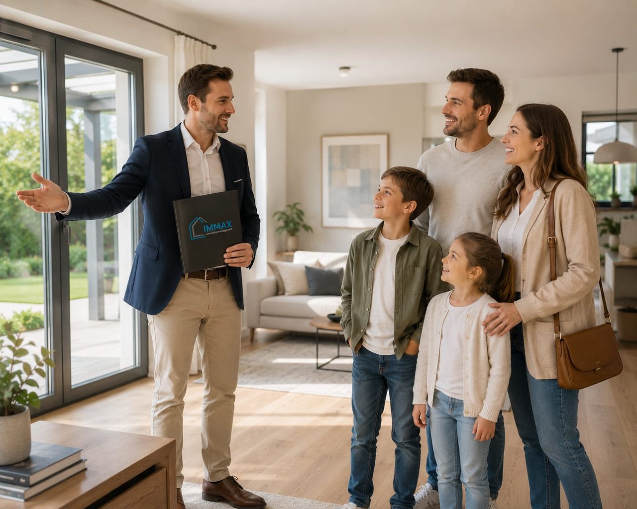 IMMAX Makler zeigt einer Familie ihr neues Zuhause.